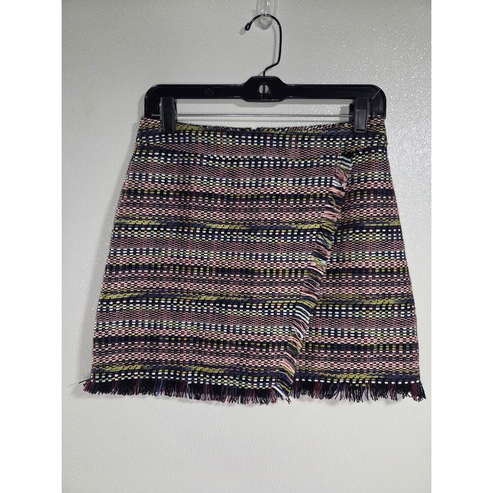 Bagatelle Tweed Fringe Mini Skirt Multicolor Career Formal Small Faux Wrap